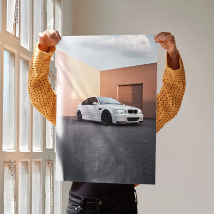 BMW E46 M3 white car poster with modern architectural background, automotive wall art.