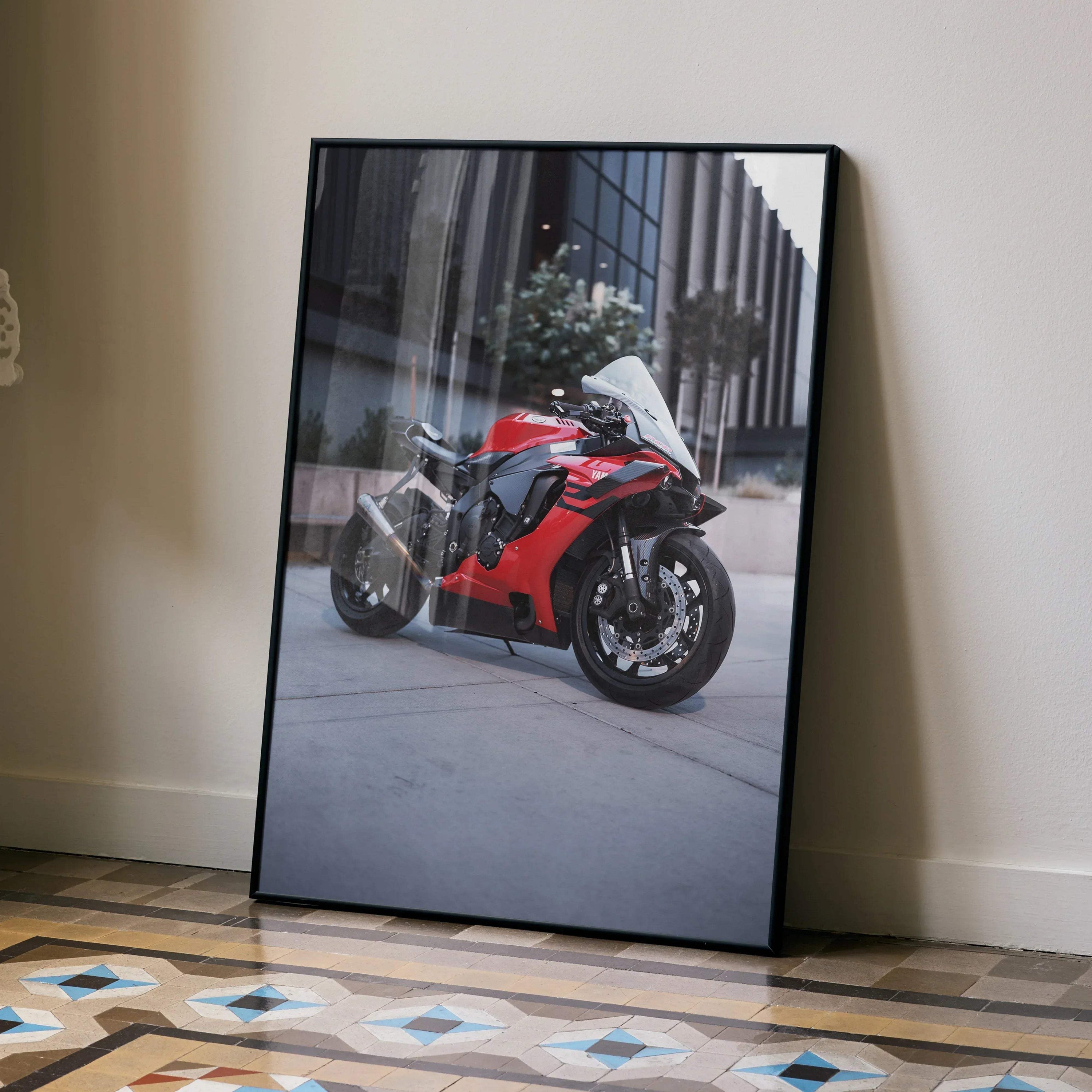 Yamaha R1 motorcycle poster with red and black bike in urban setting, sleek wall art.