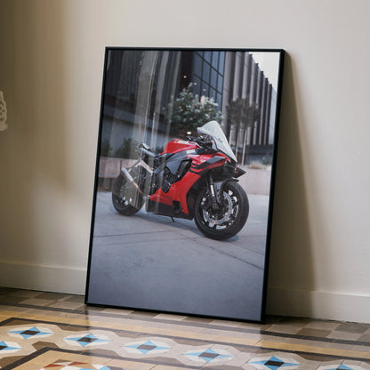 Yamaha R1 motorcycle poster with red and black bike in urban setting, sleek wall art.