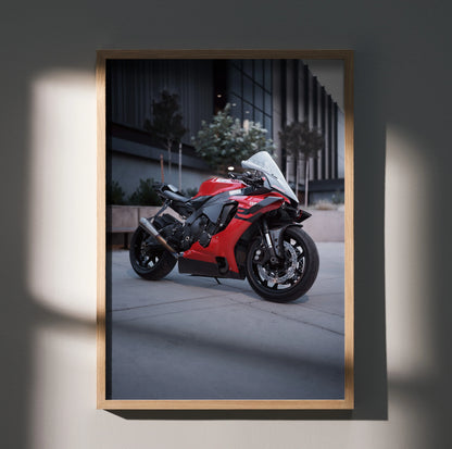Yamaha R1 red sport motorcycle poster wall art in wooden frame, urban background.