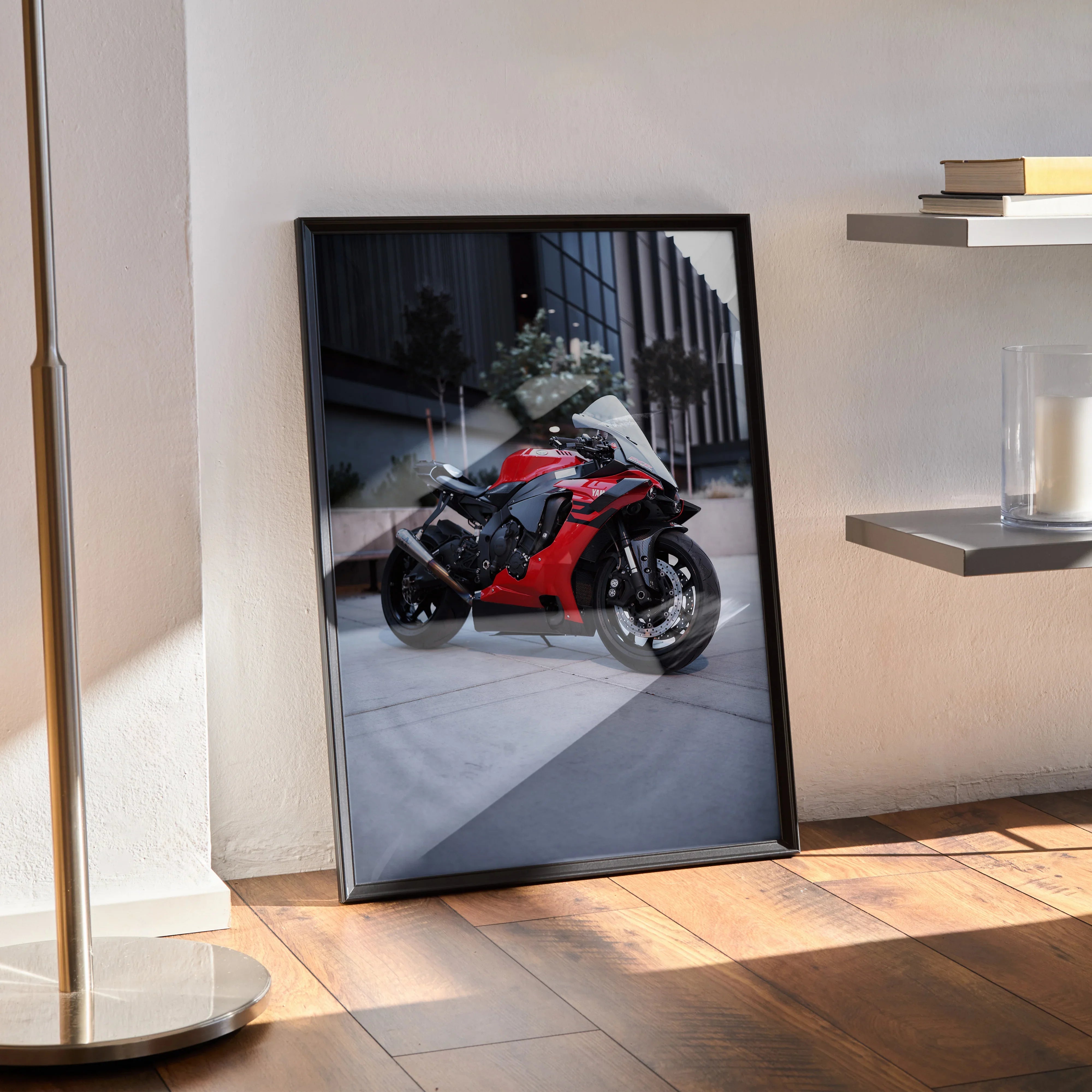 Yamaha R1 red motorcycle poster in black frame leaning against wall modern room wall art.