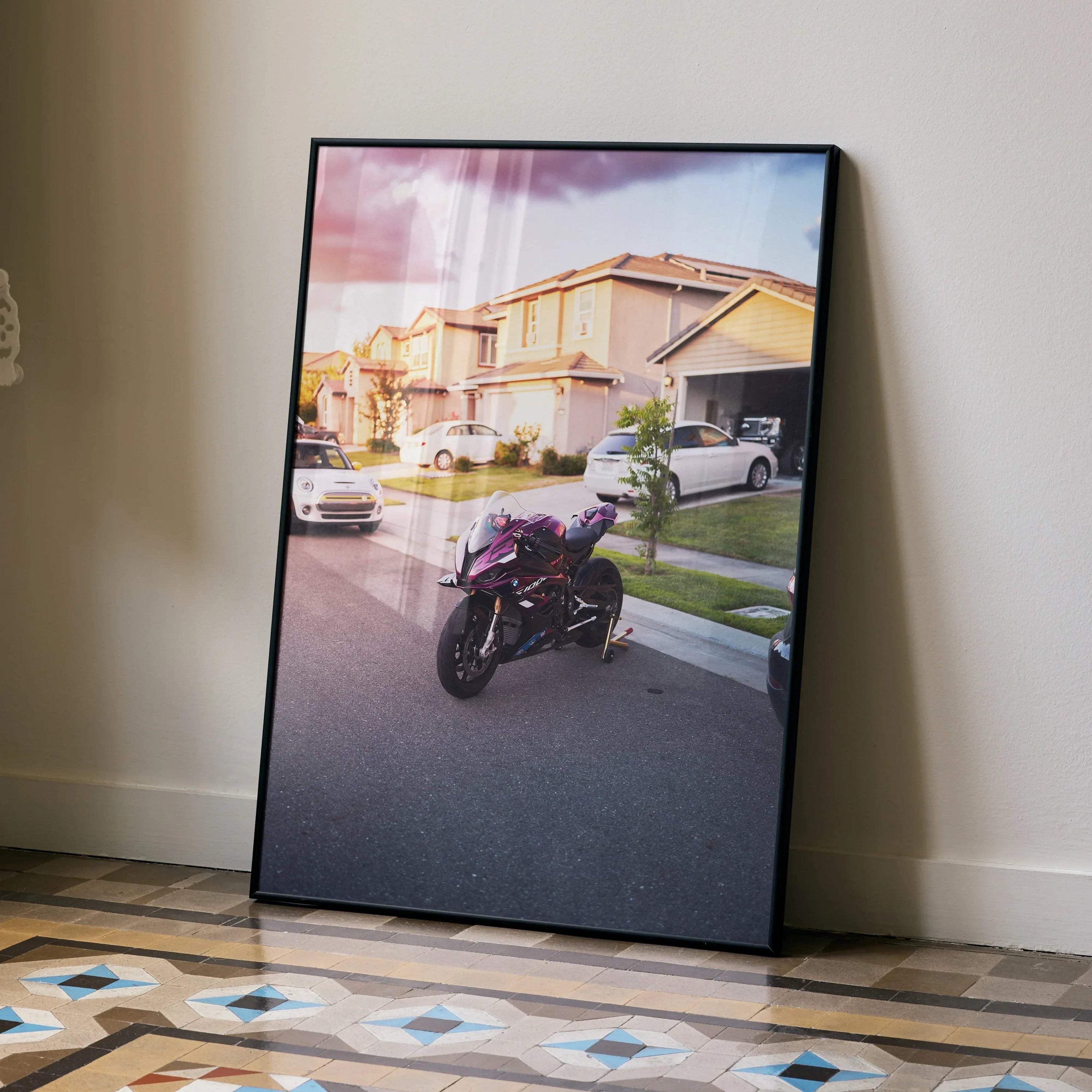 BMW S1000RR motorcycle poster with sunset background, modern neighborhood street wall art.