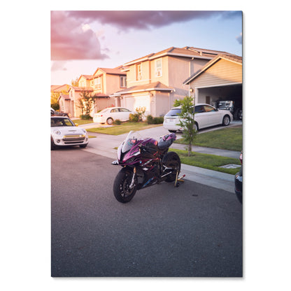 BMW S1000RR motorcycle parked on suburban street at sunset poster wall art.