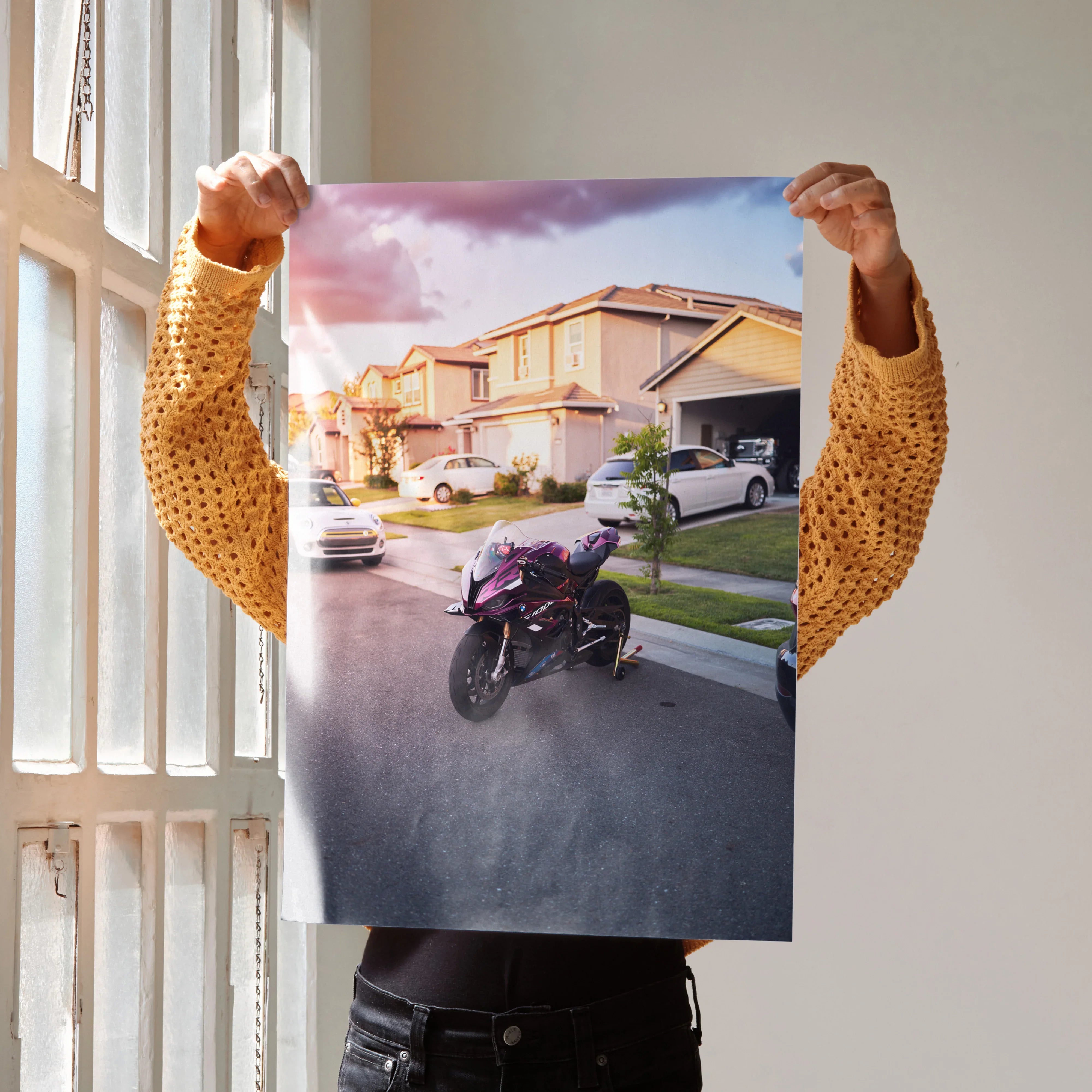 BMW S1000RR motorcycle parked on suburban street at sunset poster wall art.
