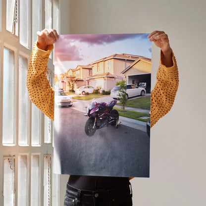 BMW S1000RR motorcycle parked on suburban street at sunset poster wall art.