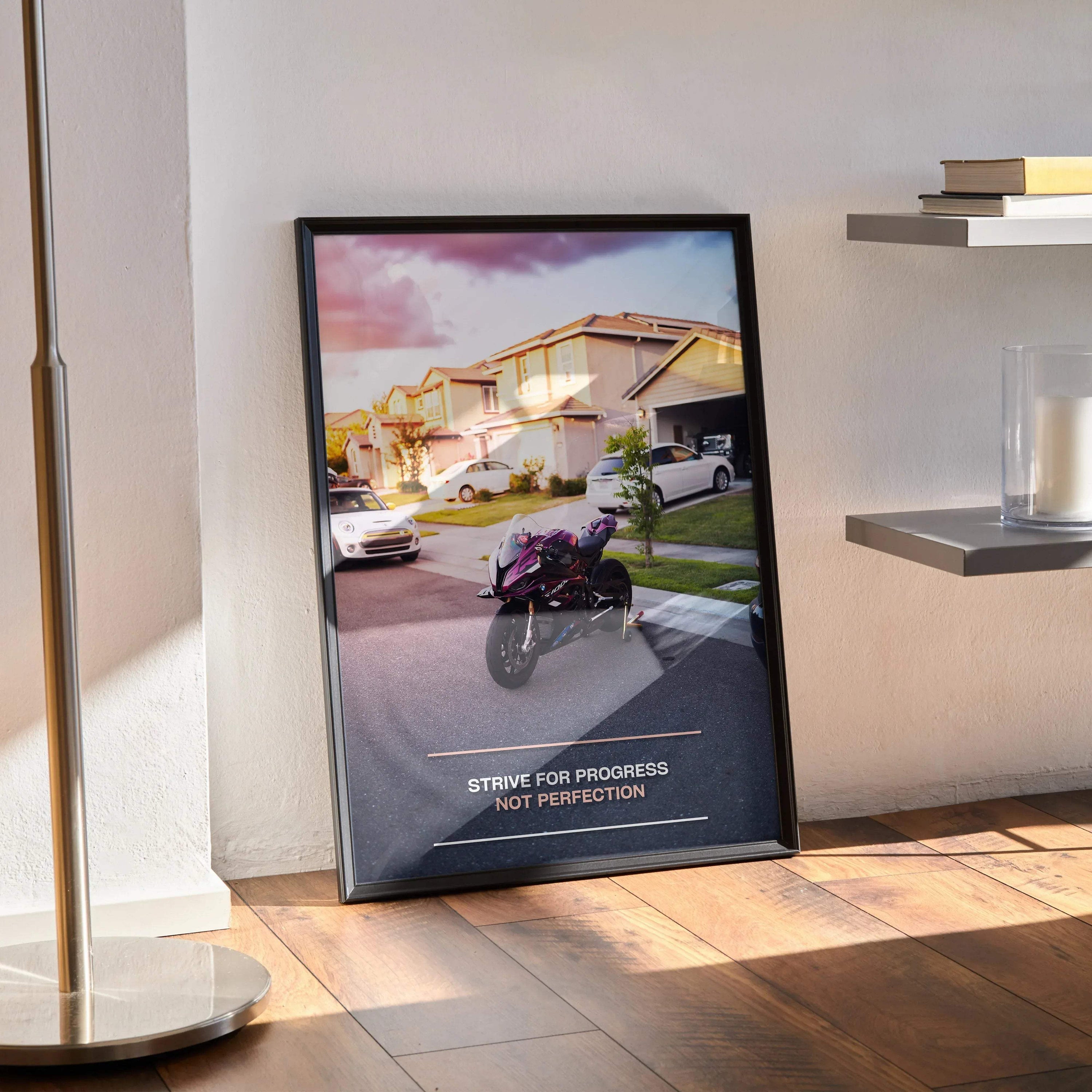 BMW S1000RR motorcycle motivational poster with inspiring text framed as wall art.