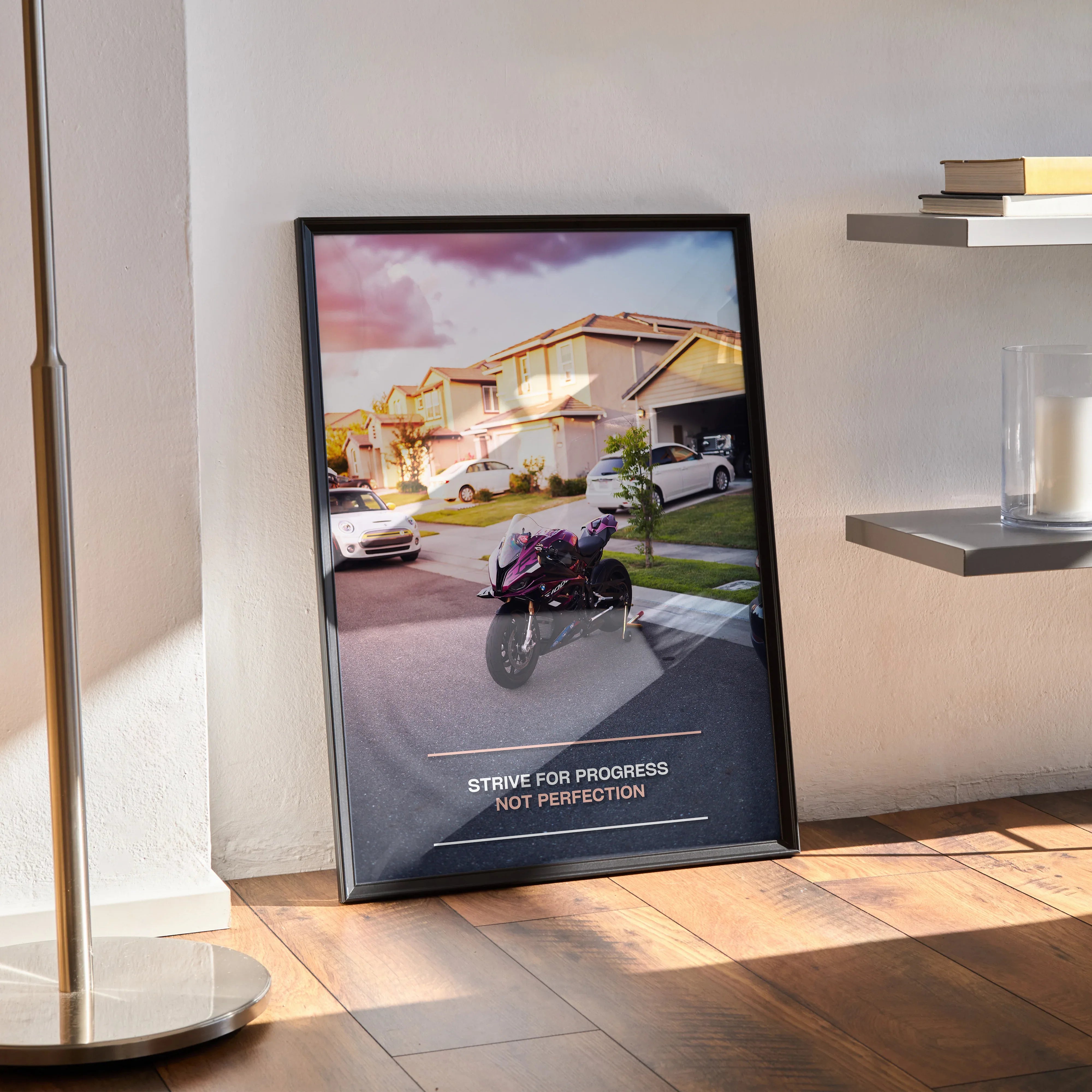 BMW S1000RR motorcycle motivational poster with inspiring text framed as wall art.