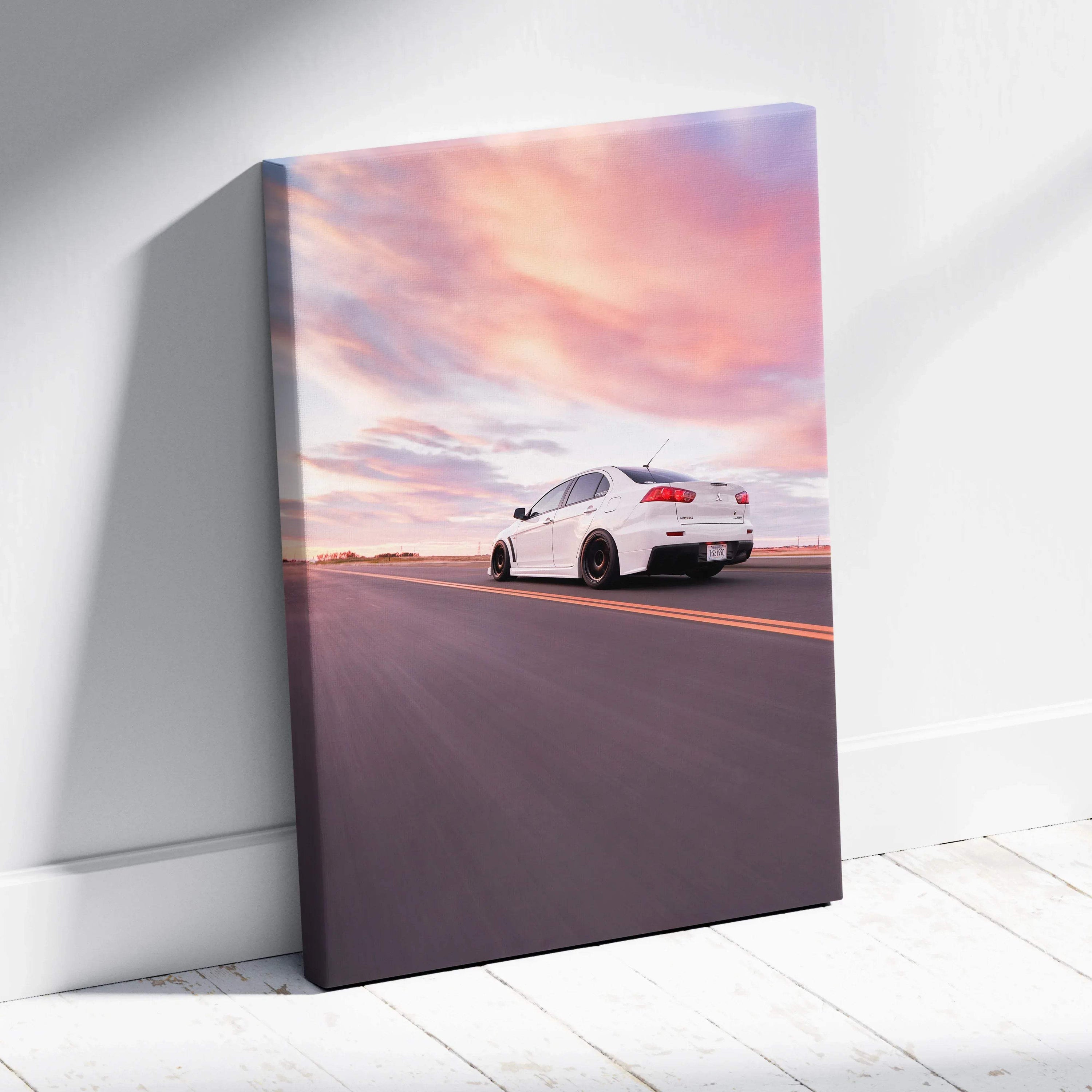 Mitsubishi Evo 10 white car on road at sunset vertical canvas wall art with vivid sky.
