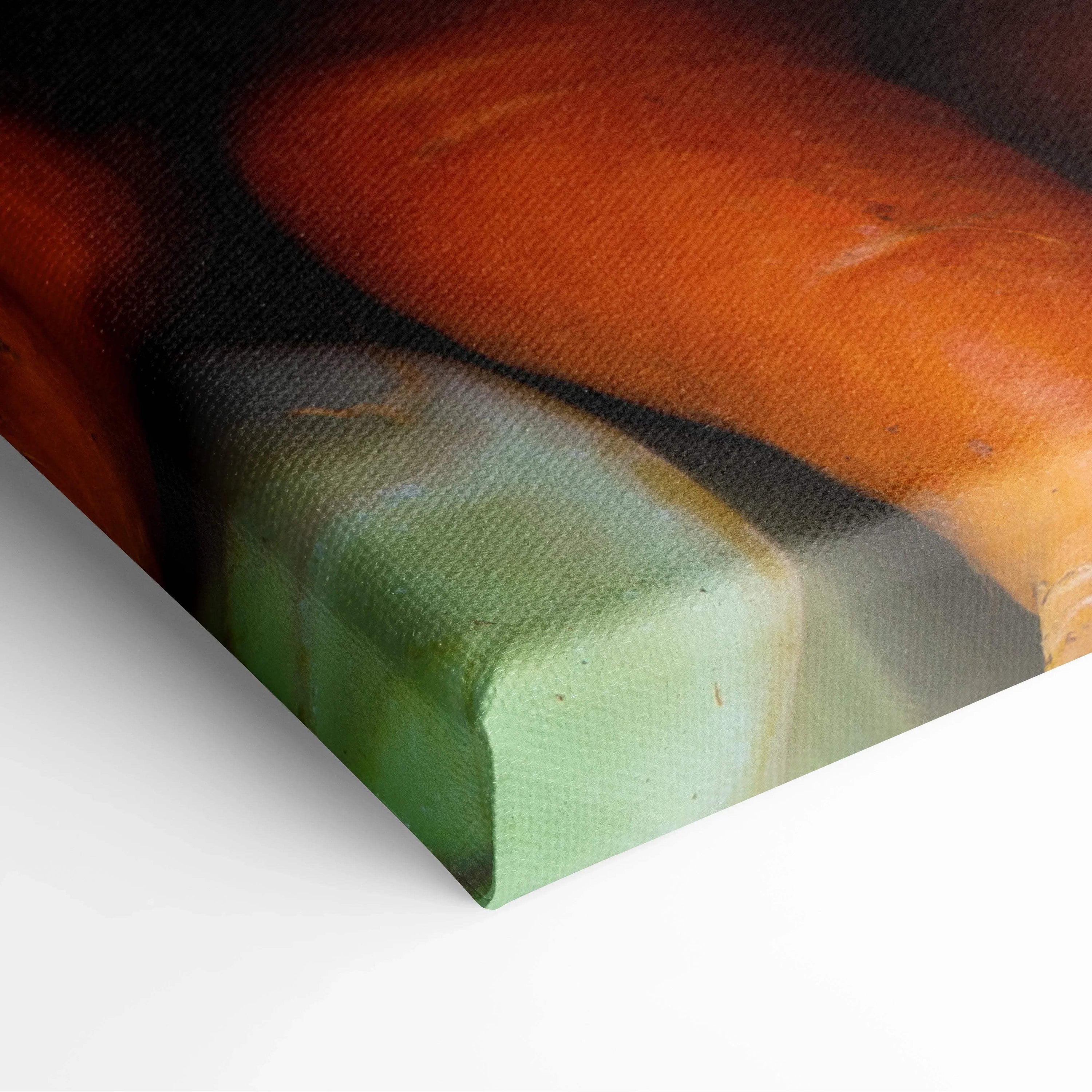 Close-up of vibrant carrot-themed canvas wall art with rich orange and green tones and textured surface.
