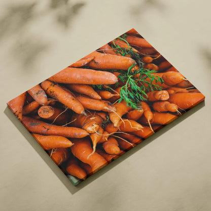 Museum-quality canvas wall art print featuring vivid orange carrots with green tops in close-up detail.
