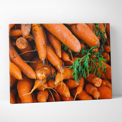 Bright orange carrots with green tops on a vibrant, museum-quality canvas wall art print.