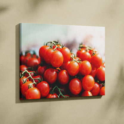 Canvas wall art featuring vibrant red tomatoes clustered on green stems, perfect kitchen decor.