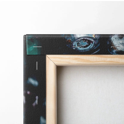 Close-up of wooden-framed canvas with vibrant blueberry print and black border wall art decor.