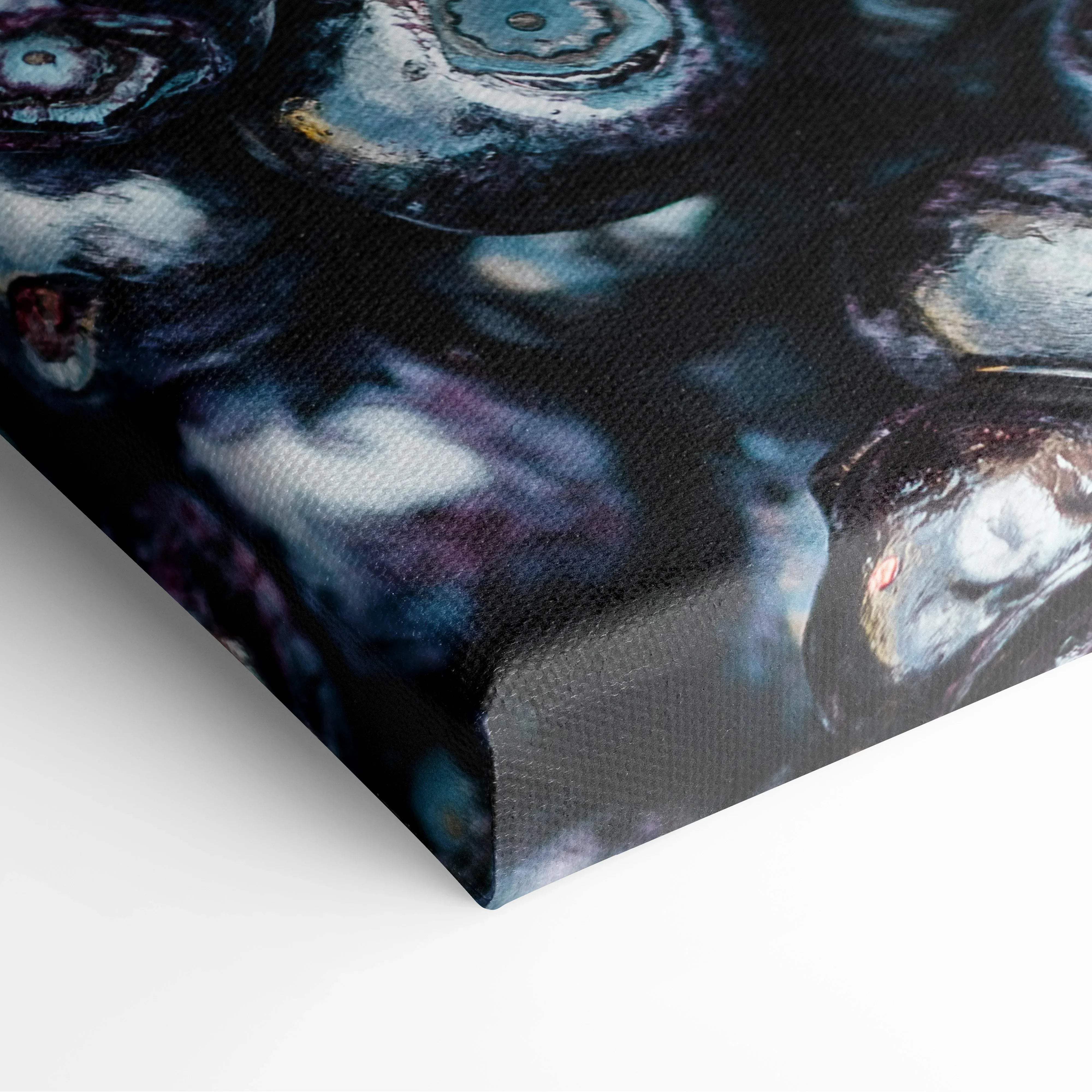 A canvas print of macro close up blueberries with dark abstract swirling patterns in blue and black for modern decor