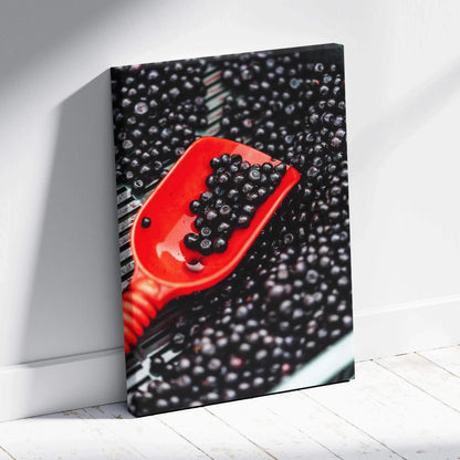 Canvas wall art featuring a vibrant close-up of glossy blueberries on a bright red spoon against a dark background.
