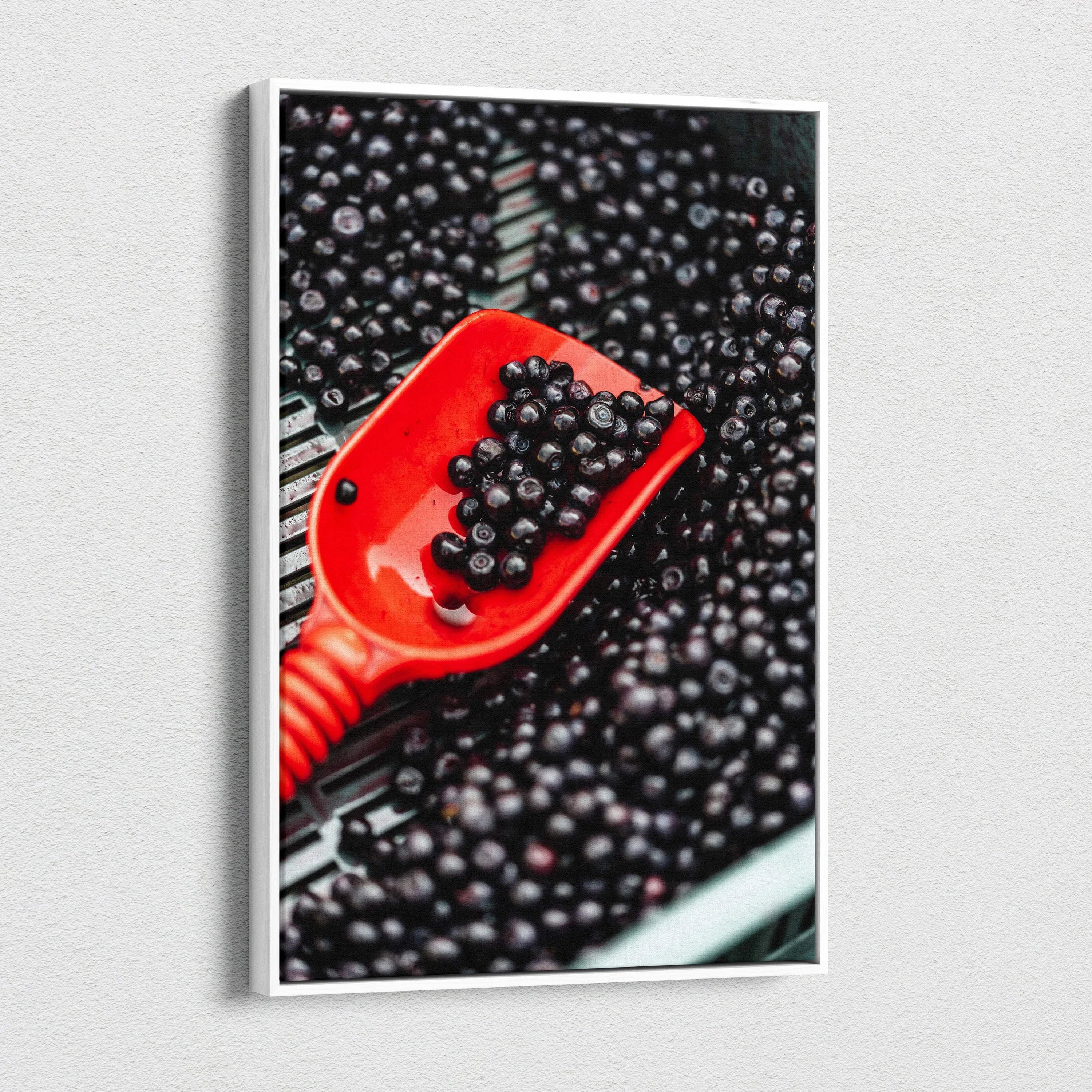 Canvas wall art featuring a close-up of glossy black blueberries with a vibrant red scoop against a dark background.
