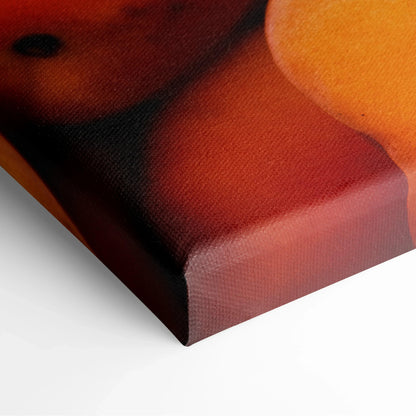 Close-up of vibrant peach and fruit design on textured canvas wall art corner, vivid colors, home decor.