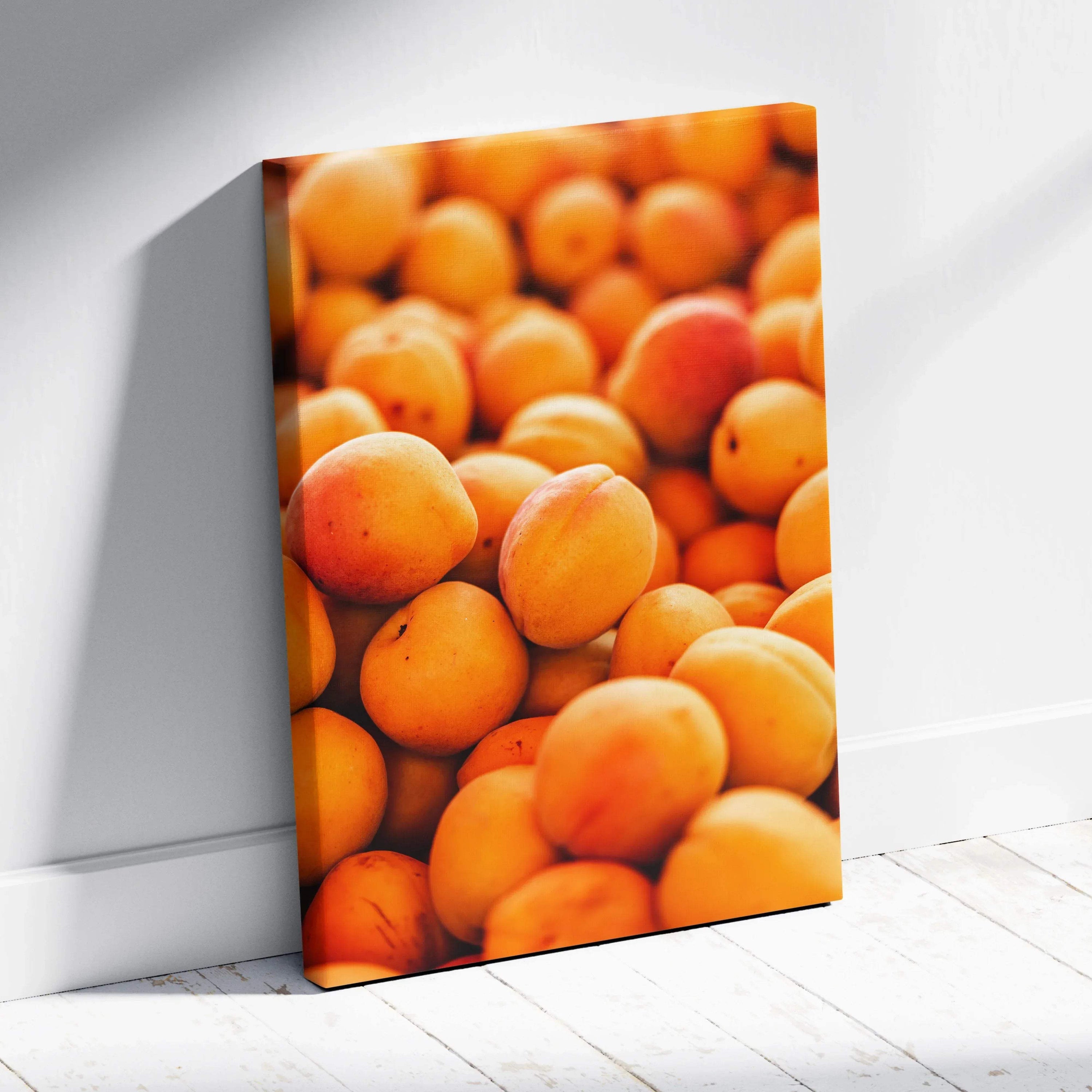 High resolution canvas wall art featuring vibrant close-up of ripe peaches for living room decor.