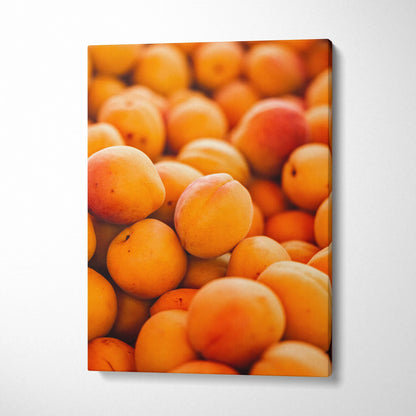 High resolution canvas wall art featuring close-up of ripe peaches, vibrant colors, perfect for living room decor.