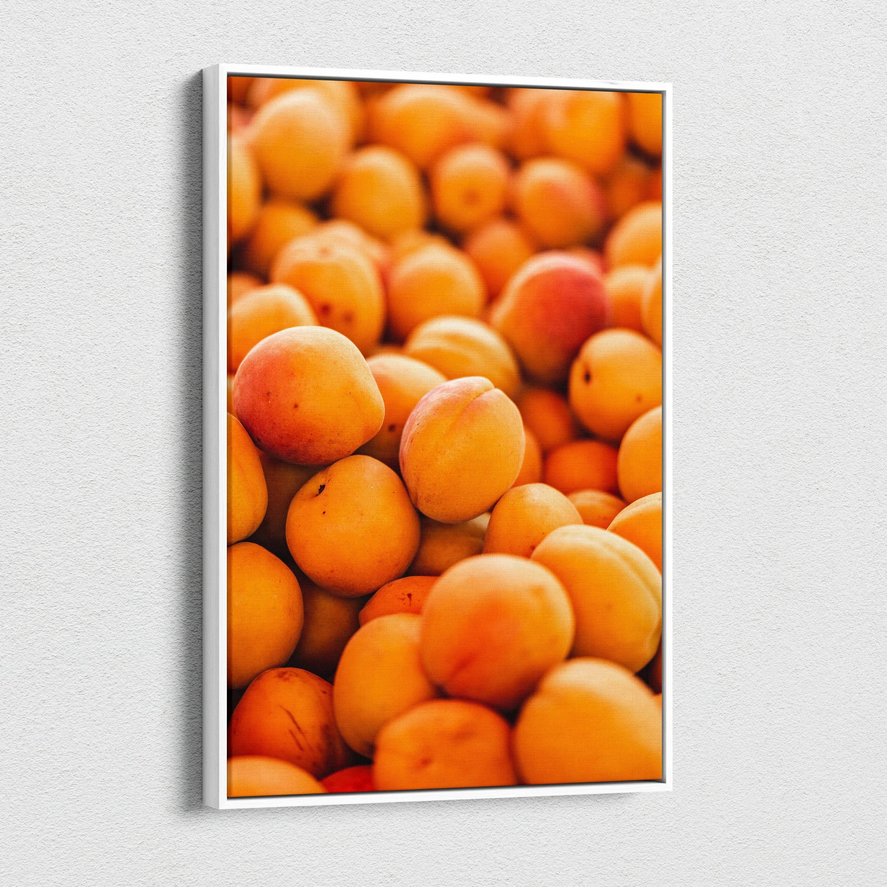 Vertical canvas wall art featuring high-resolution close-up of ripe peaches for kitchen or living room decor.