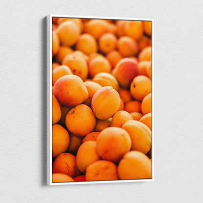Vertical canvas wall art featuring high-resolution close-up of ripe peaches for kitchen or living room decor.