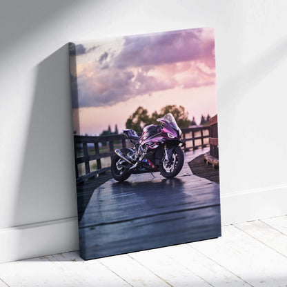 BMW S1000RR motorcycle at sunset on wooden dock canvas wall art in vertical format.