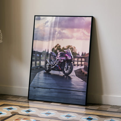 BMW S1000RR motorcycle poster with sunset background, framed wall art for decor.
