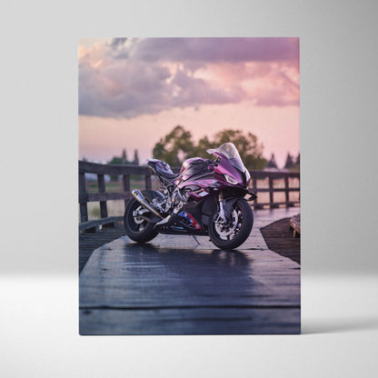 BMW S1000RR motorcycle on wooden bridge at sunset with purple sky vertical canvas wall art.