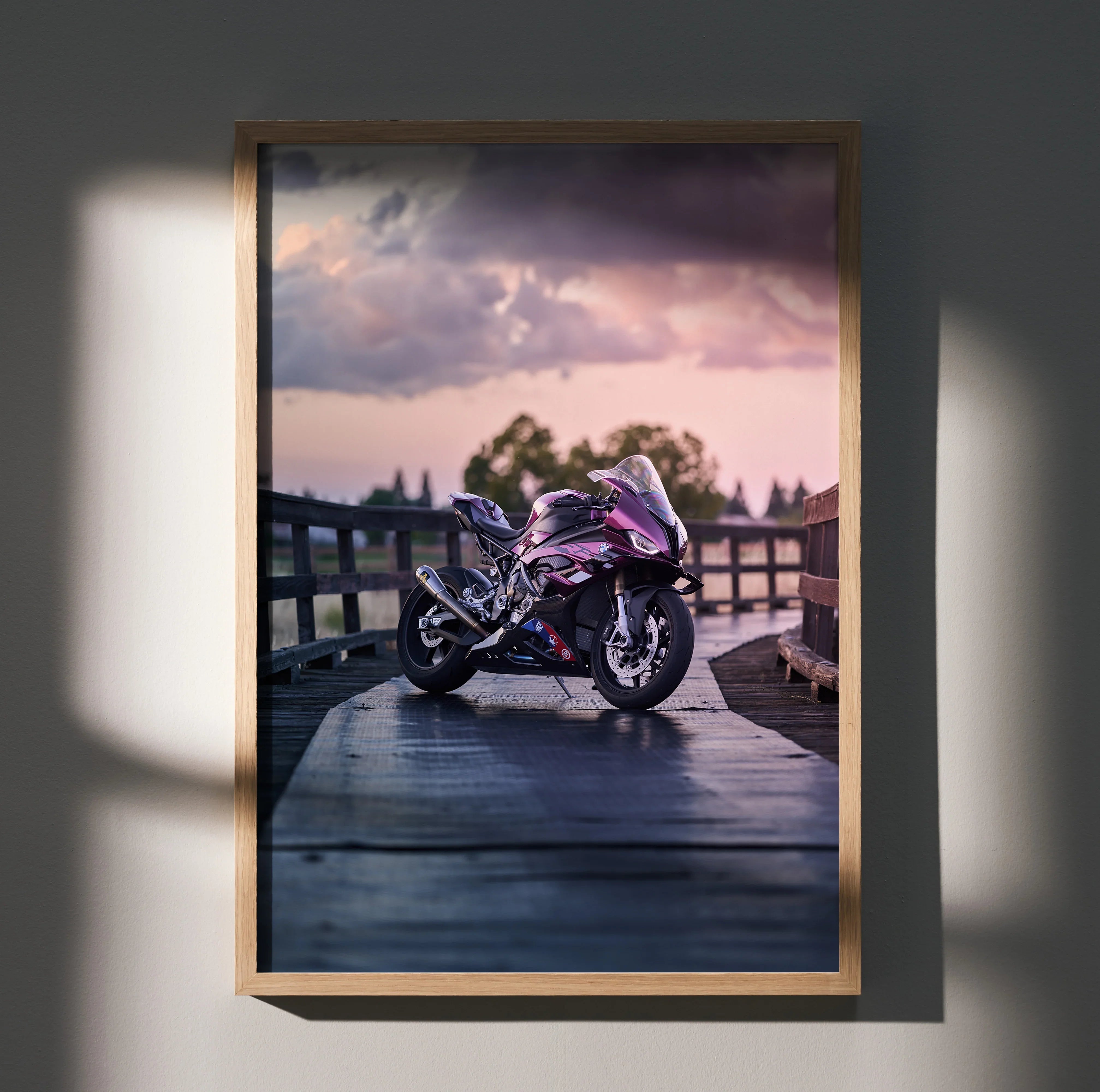 BMW S1000RR motorcycle poster with sunset sky, mounted wooden frame wall art.