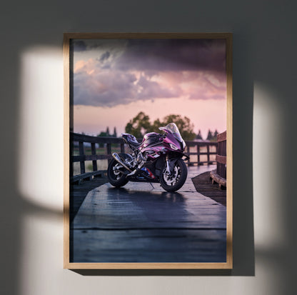 BMW S1000RR motorcycle poster with sunset sky, mounted wooden frame wall art.