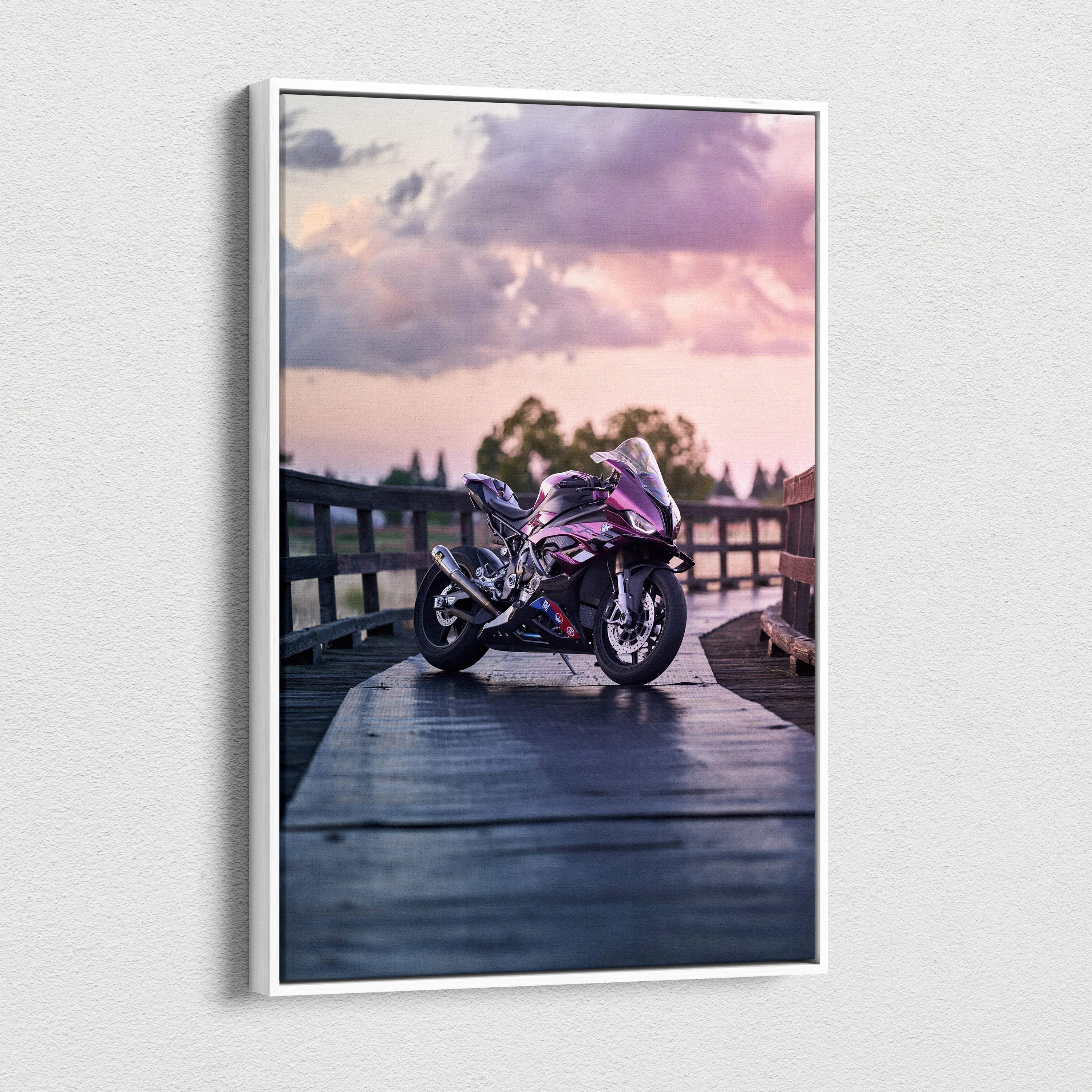 BMW S1000RR motorcycle at sunset on wooden bridge vertical canvas wall art print.