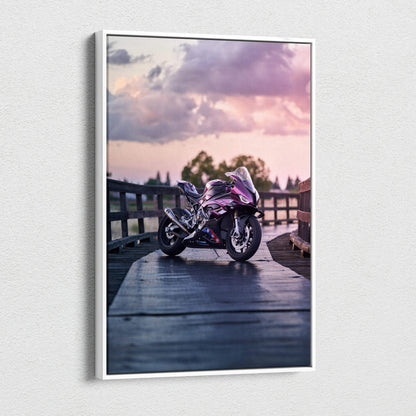 BMW S1000RR motorcycle at sunset on wooden bridge vertical canvas wall art print.
