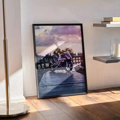 BMW S1000RR motorcycle poster with sunset background, vibrant wall art in black frame.