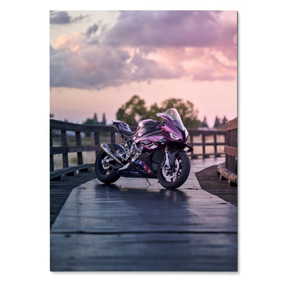 BMW S1000RR motorcycle poster with purple sunset sky, stylish wall art in vivid colors.
