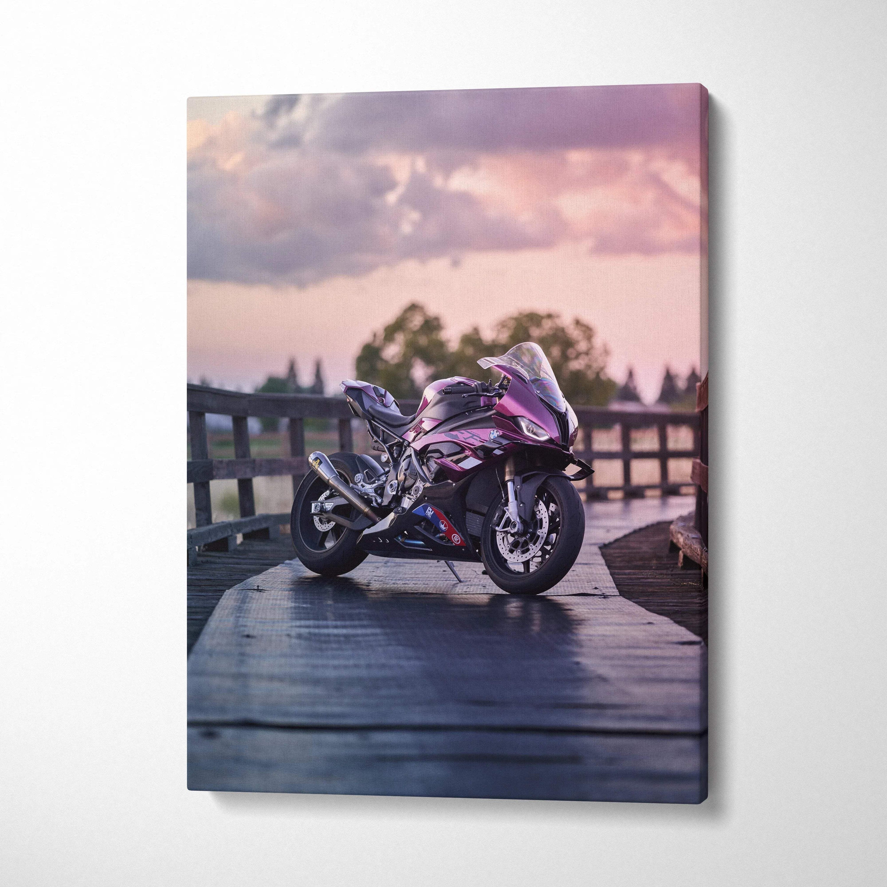 BMW S1000RR motorcycle at sunset on vertical canvas wall art with detailed bike art.