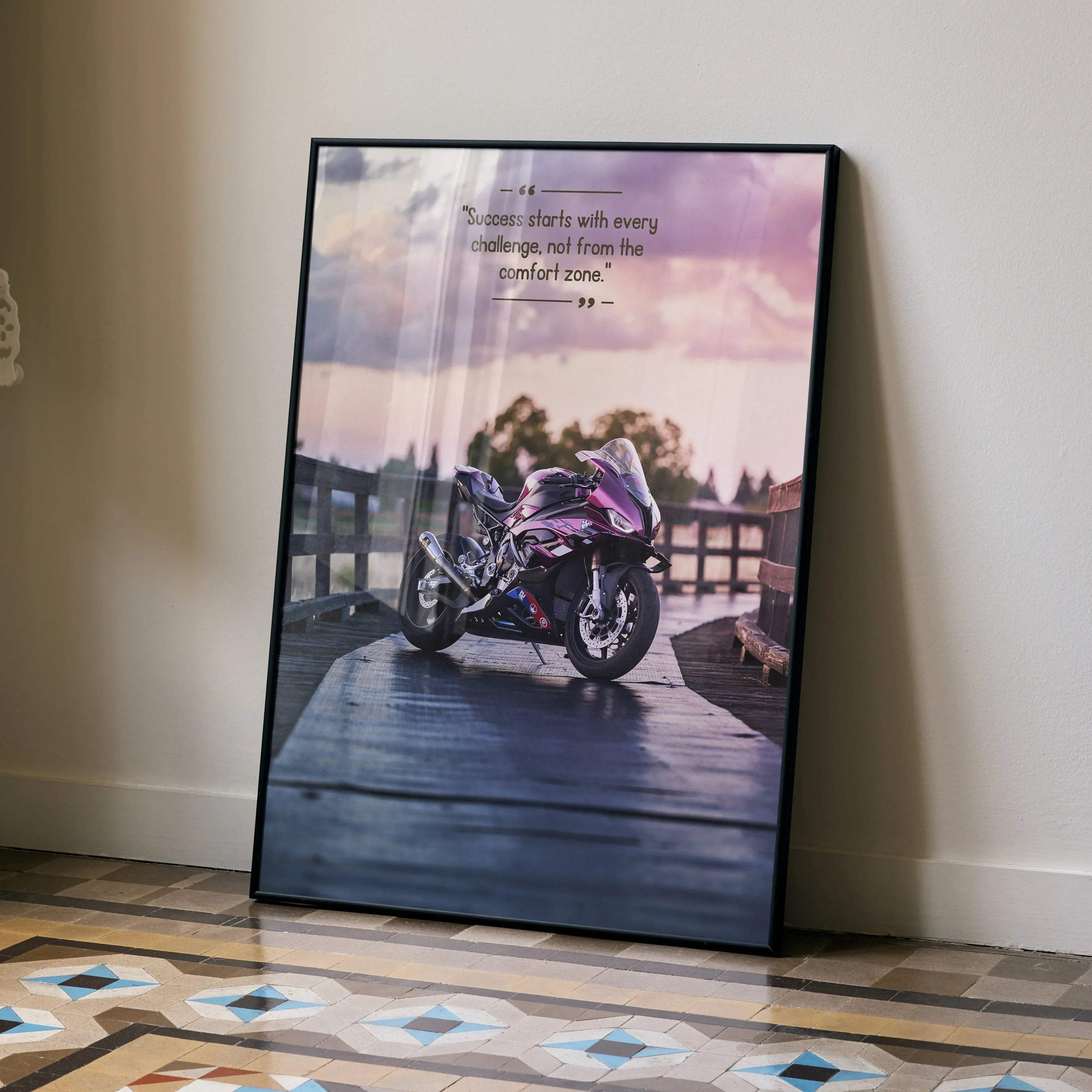BMW S1000RR motorcycle on wooden pier at sunset motivational poster wall art with inspiring text.