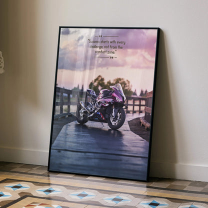 BMW S1000RR motorcycle on wooden pier at sunset motivational poster wall art with inspiring text.