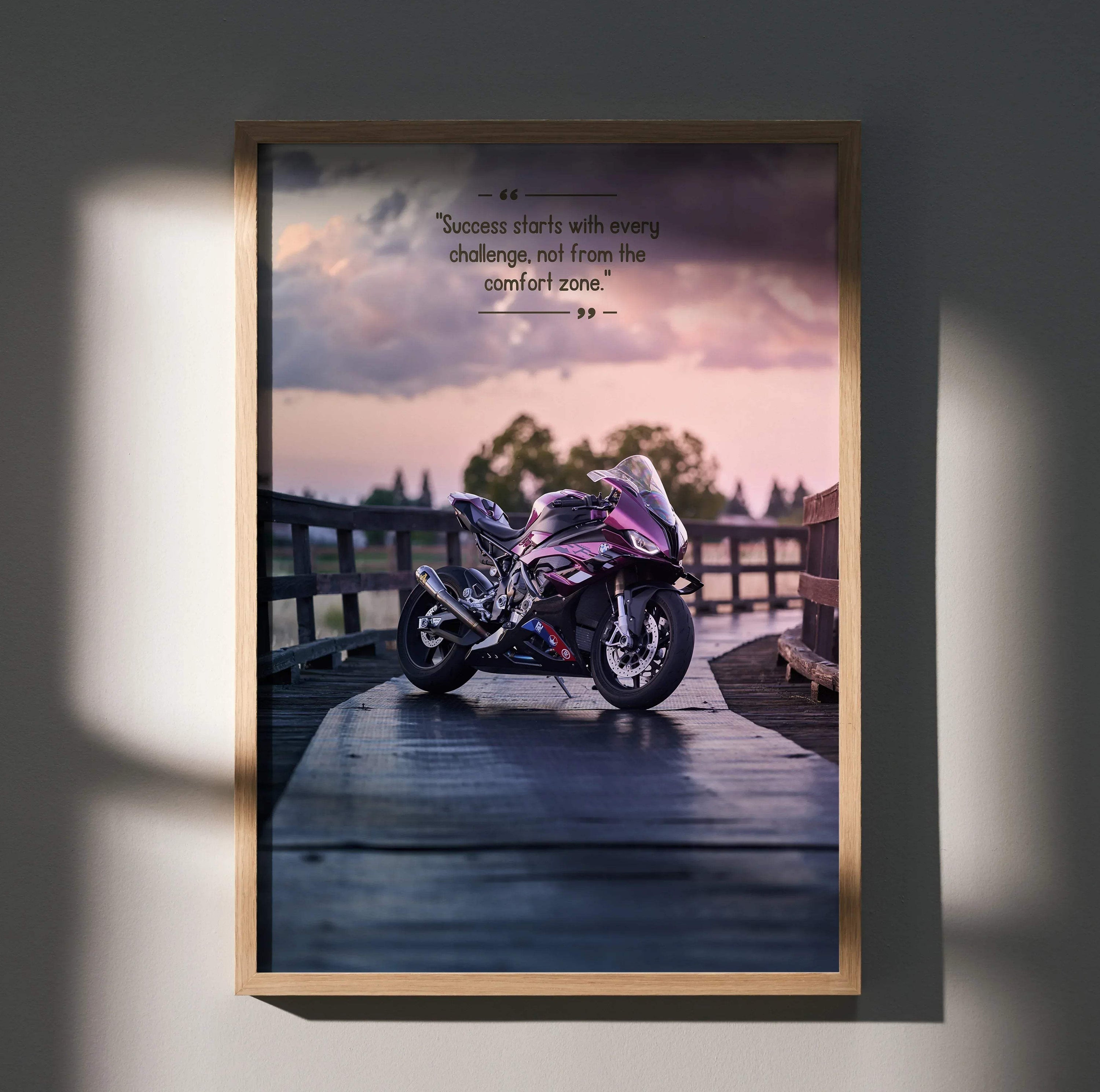 Motivational poster wall art featuring a BMW S1000RR motorcycle on a wooden bridge at sunset with inspiring text.