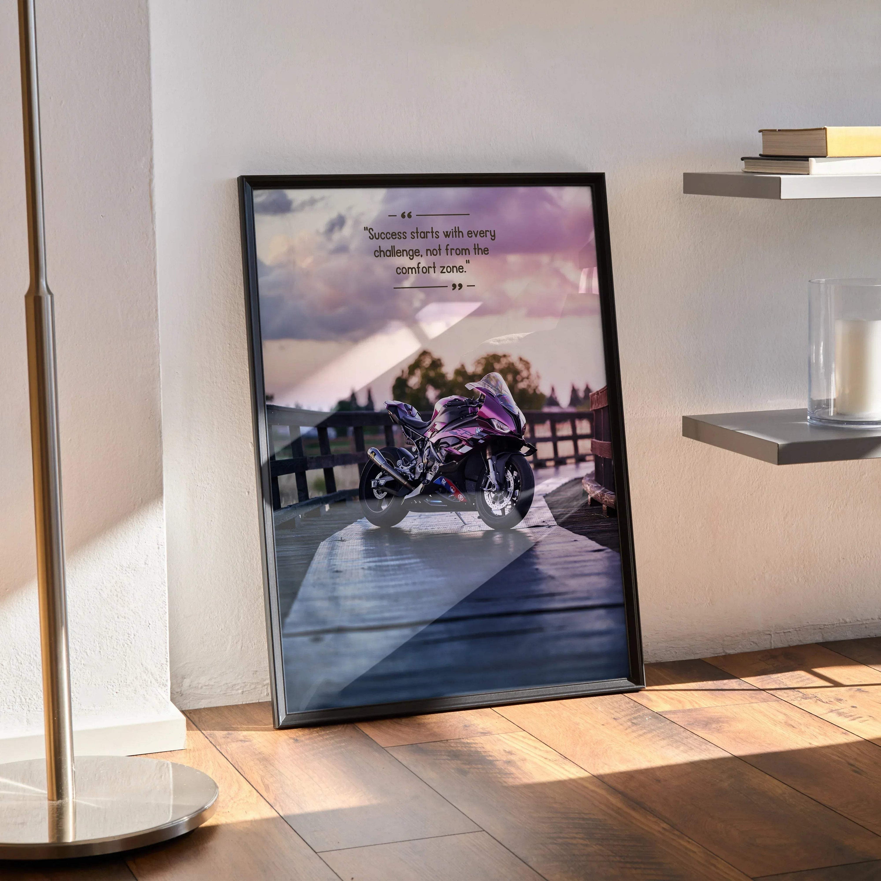 BMW S1000RR motorcycle poster with inspiring text, framed wall art in black frame.