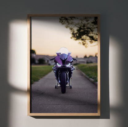 BMW S1000RR motorcycle poster with purple bike on road at sunset, modern wall art decor.
