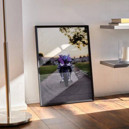 BMW S1000RR motorcycle poster with dynamic front view in black frame wall art.
