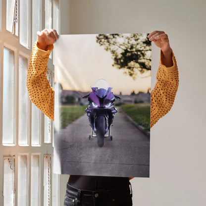 Poster of a purple BMW S1000RR motorcycle on a country road at sunset, wall art for riders.