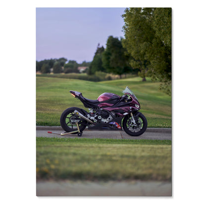 BMW S1000RR motorcycle poster featuring sleek black and red sportbike in outdoor setting, wall art for enthusiasts.