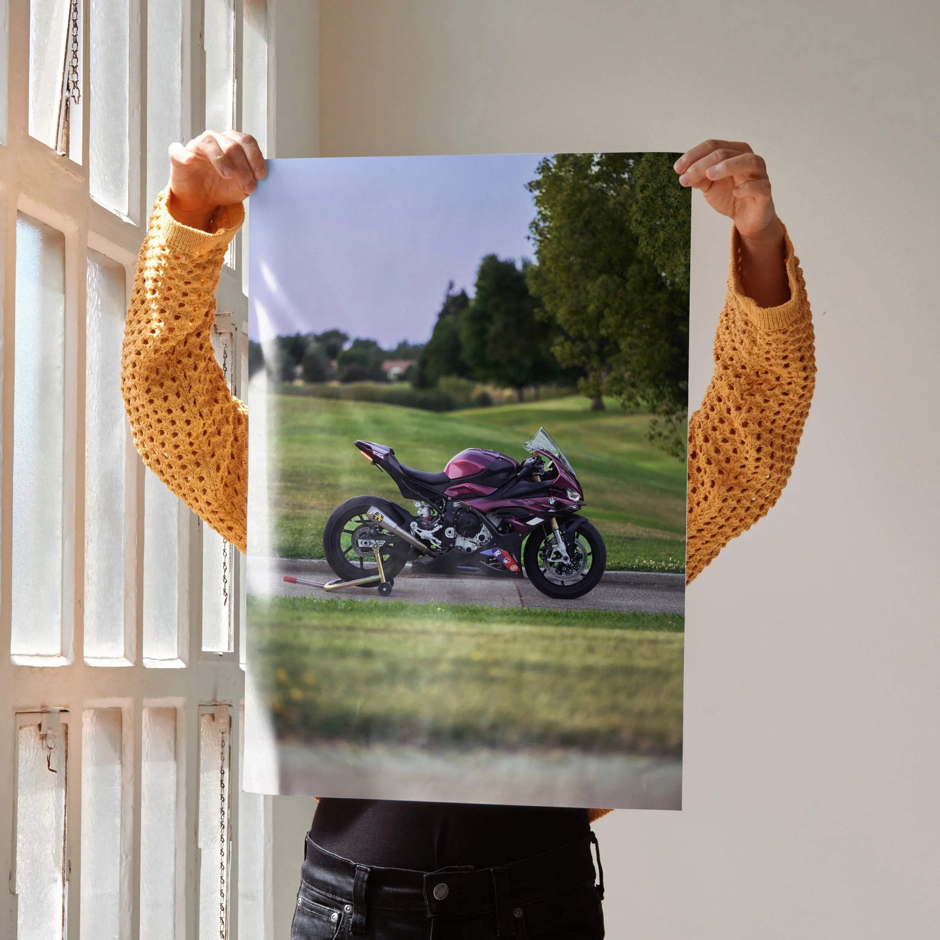 BMW S1000RR motorcycle poster with purple accents on road, outdoor wall art print.