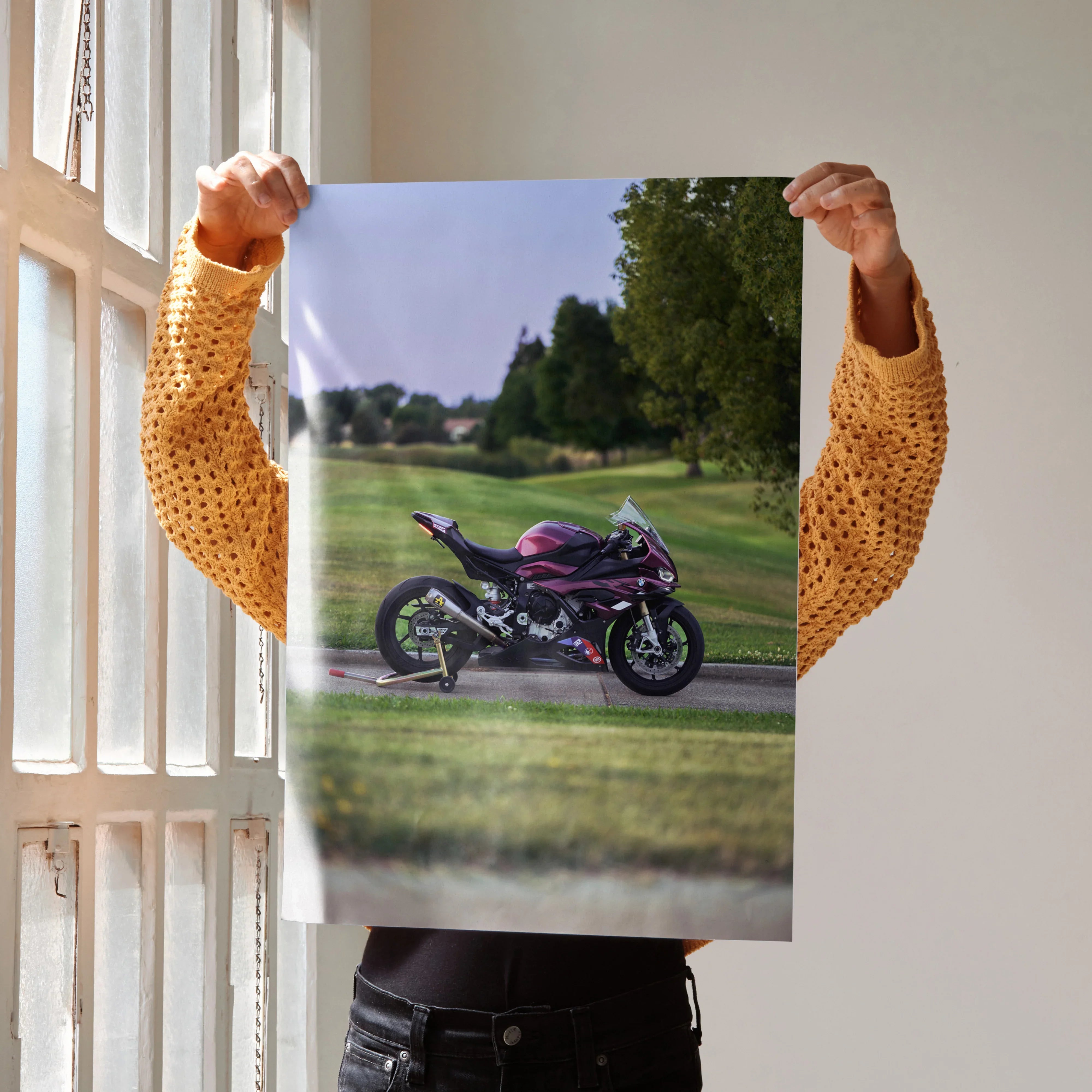 BMW S1000RR motorcycle poster with purple accents on road, outdoor wall art print.