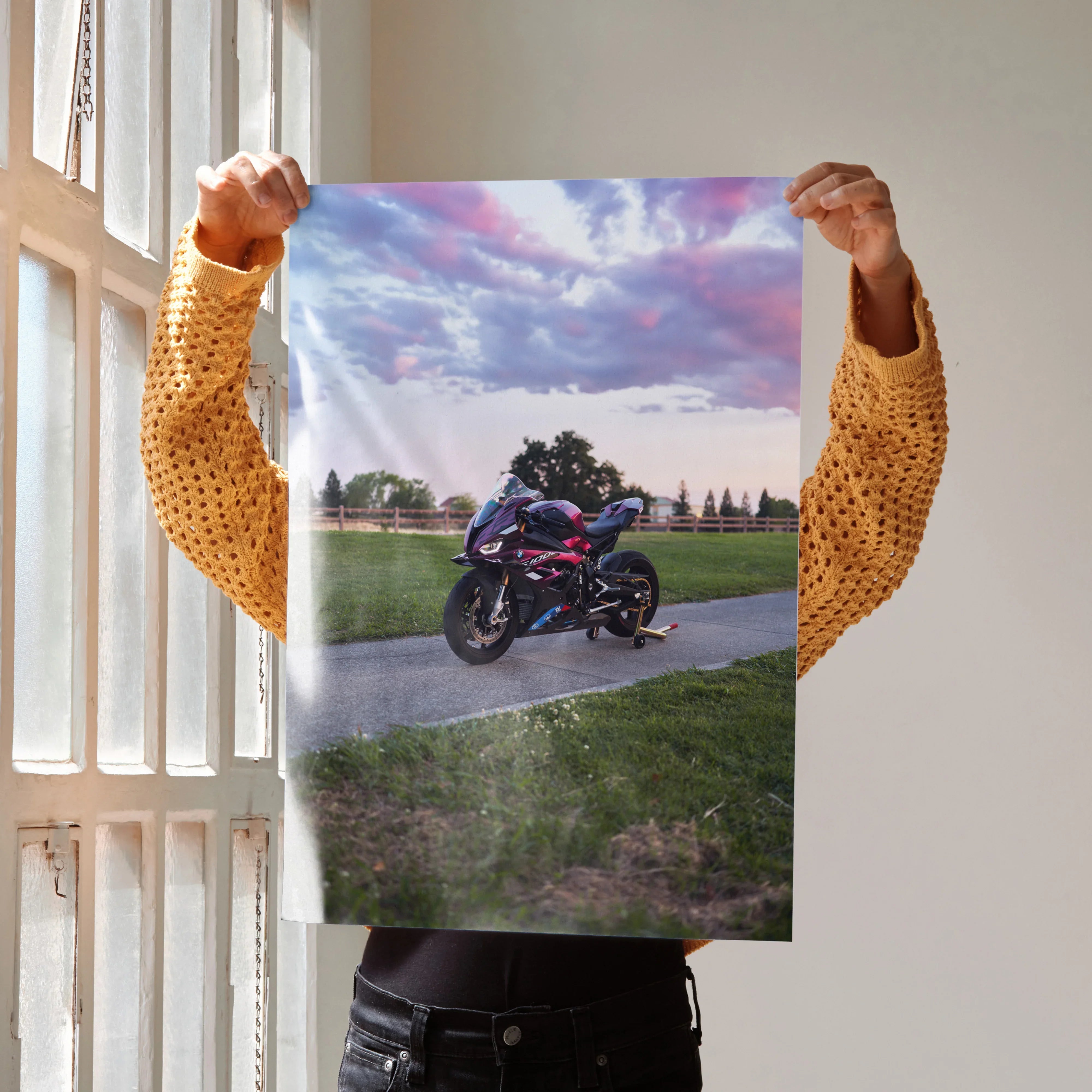 BMW S1000RR motorcycle poster with dramatic sky, vibrant colors, and scenic background wall art.