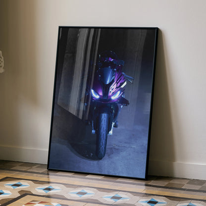 BMW S1000RR motorcycle art print poster with purple headlights, modern wall art in black frame.