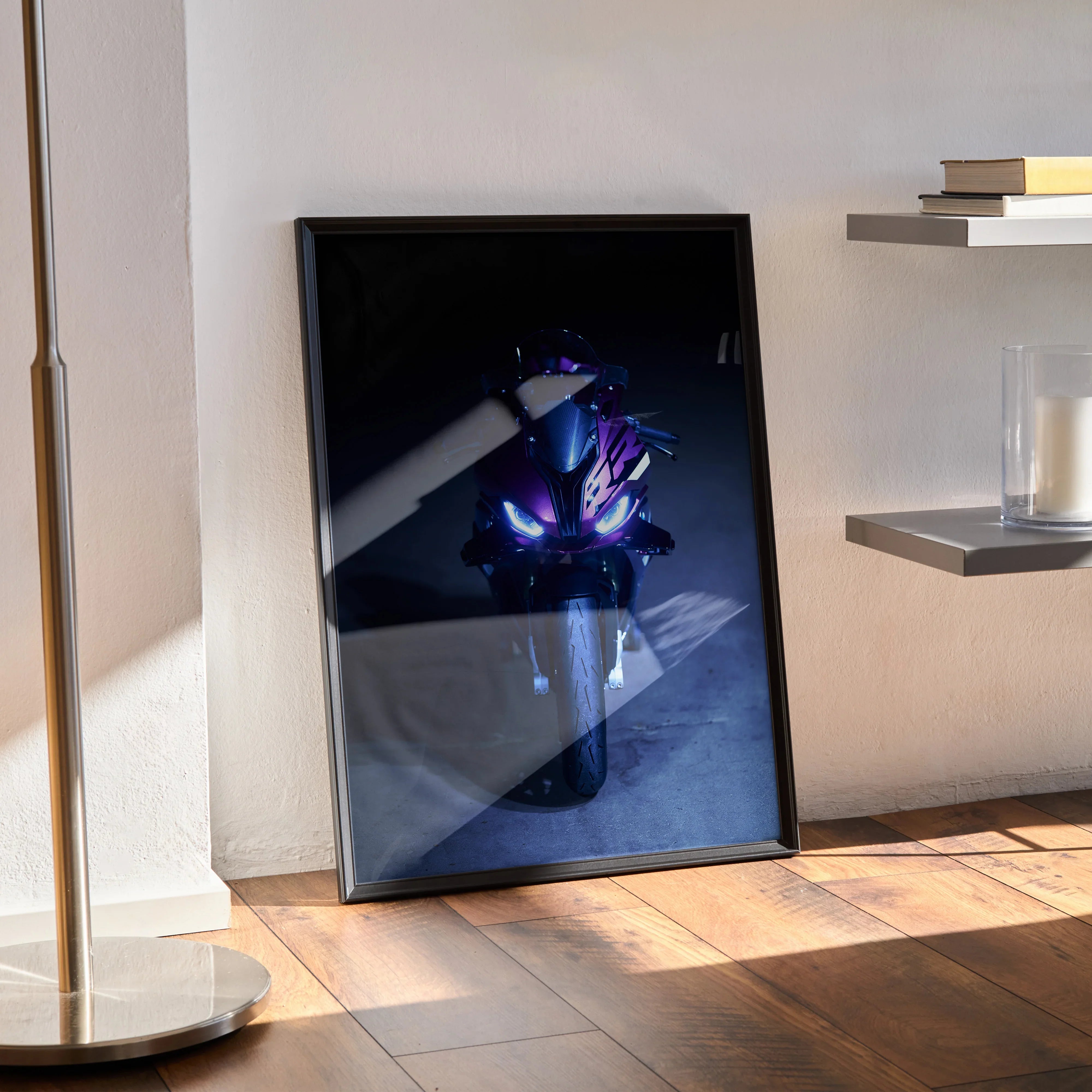 BMW S1000RR motorcycle poster with dramatic lighting, modern wall art in black frame.