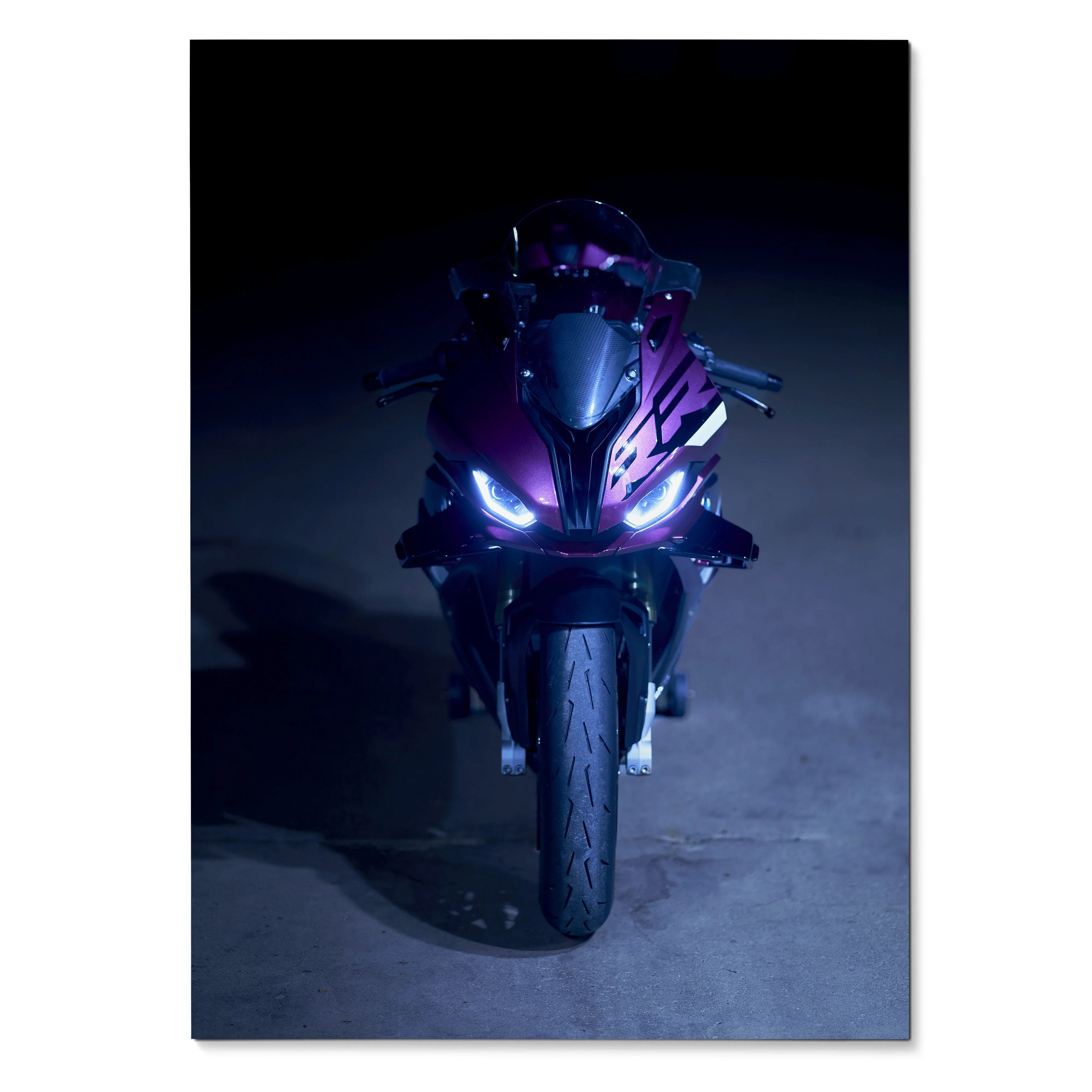 BMW S1000RR motorcycle poster with glowing headlights in dark, modern wall art print.