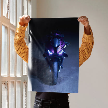 BMW S1000RR motorcycle poster with blue neon lights, sleek design wall art on black background.